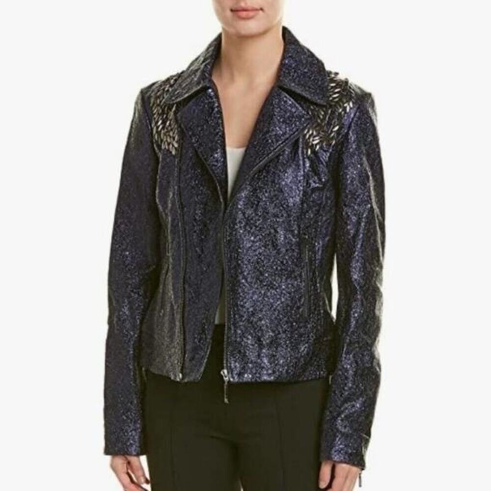 ELIE TAHARI WOMENS MAE LAMB LEATHER METALLIC Moto jacket size XL NEW $1798 MSRP